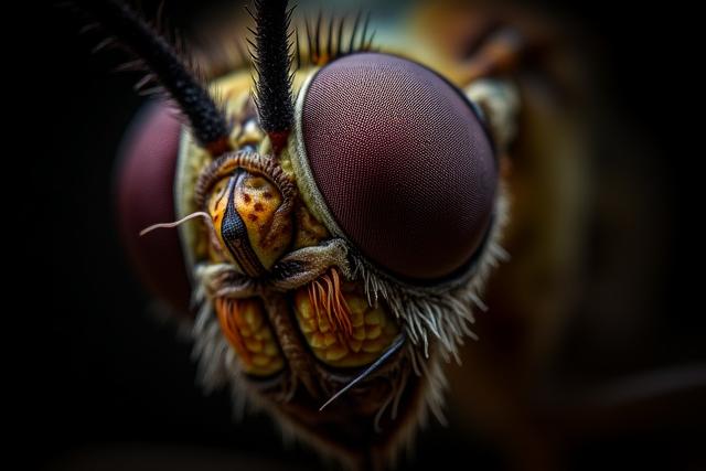 Primer plano de un insecto, mostrando detalles intrincados de sus ojos y cuerpo.