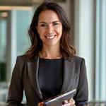 Retrato de Andrea Vargas, Productora Multimedia de Colmena Visual, sosteniendo un esquema de producción.