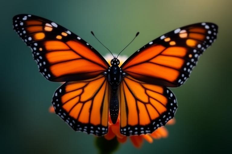 Mariposa monarca con alas desplegadas, mostrando patrones intrincados.