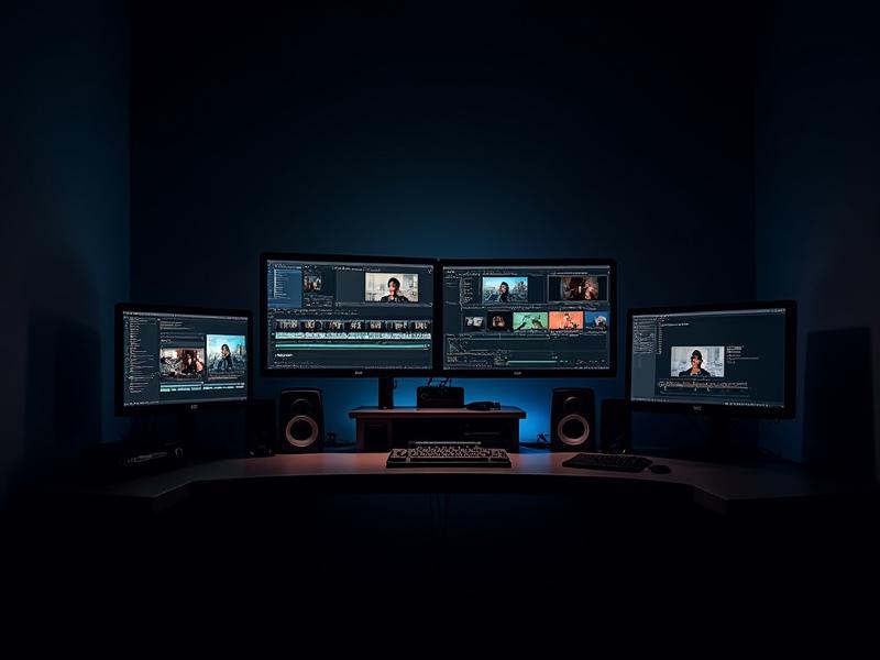 Mesa de estudio de edición digital con múltiples monitores mostrando software de edición de video y fotografía, luces LED y un enfoque creativo.
